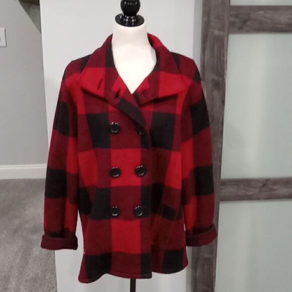 Keren Hart black and red buffalo plaid pea coat / jacket size XL 0100889 - Picture 2 of 3
